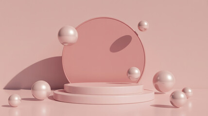 Pastel pink geometric display with floating spheres and oval cutout