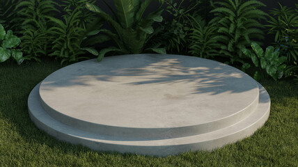 Round stone pedestal base in lush green garden setting