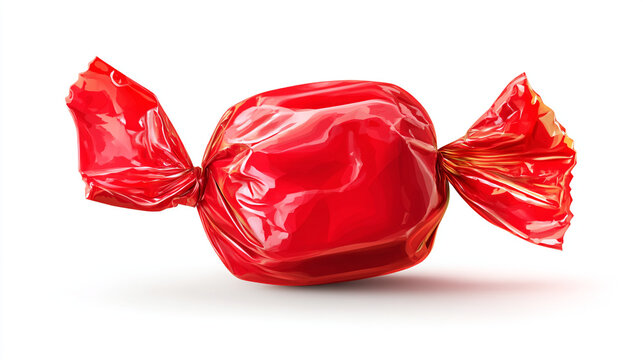 A single piece of red wrapped candy on a white surface casting a soft shadow