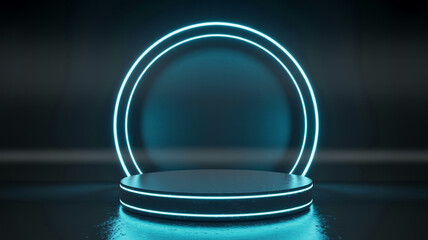 Futuristic neon podium stage with oval archway