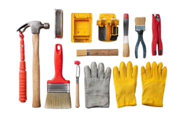 Assorted construction tools and work gloves arranged in a grid pattern.  Colorful tools like hammers, paintbrushes, pliers, and clamps are displayed alongside safety gloves