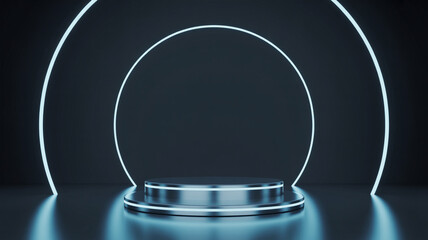 Futuristic neon archway illuminates empty display pedestal