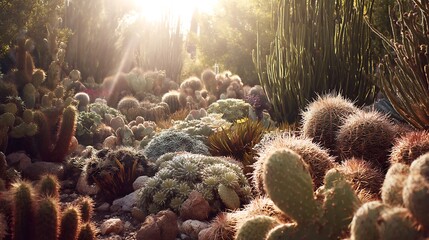 Sunlit Desert Oasis: A Diverse Collection of Cacti and Succulents basking in warm light
