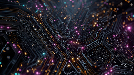 Cybernetic Tapestry: An intricate circuit board, shimmering with data streams and vibrant light, hinting at the complex web of information that drives modern technology.