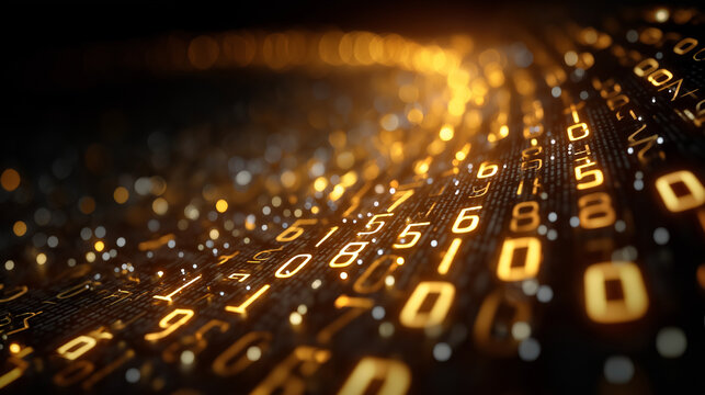 Digital Data Stream: An abstract view of flowing digital data in a stream of numbers, illuminating the essence of complex technological processes, data, and communication.