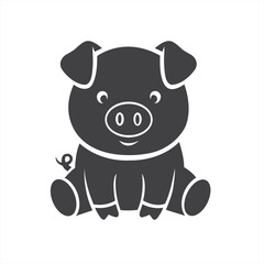 A charming cartoon piglet with a curly tail cheerfully greets the world rendered in a minimalist black silhouette