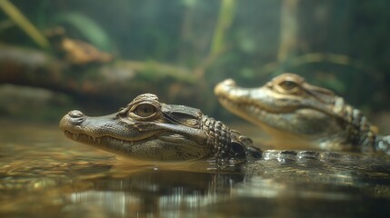 Fototapeta premium Two juvenile caimans are swimming calmly in the clear water, showcasing their unique features and intricate skin patterns. The environment reflects the serene habitat of these juve