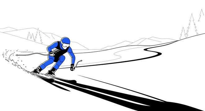 A person in a blue ski suit skiing down a snowy mountain slope with trees and hills in the background, depicted in a graphic, minimalist style.