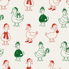 Cute Christmas goose seamless pattern. Festive background for wrapping, greeting cards, textile designs and decor.