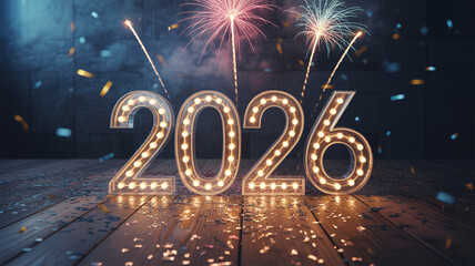 Glowing 2026 numbers with fireworks and confetti celebration