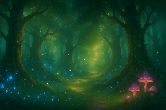 Enchanted forest path illuminated by magical glow and glowing mushrooms - Powered by Adobe