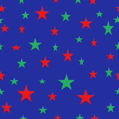 A seamless Christmas-themed pattern featuring red and green stars scattered across a deep blue background. Perfect for holiday wrapping paper, textiles, digital designs, and festive decorations.