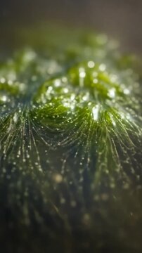 Underwater world comes alive with vibrant green algae and shimmering bubbles in a dynamic scene, perfect for nature and science projects