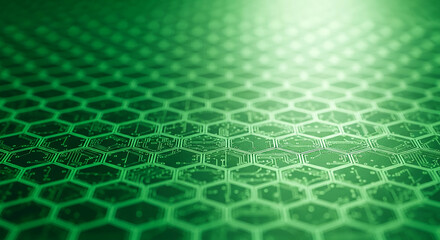 Abstract green hexagonal pattern with circuit board details, showing interconnectedness and representing advanced technology or futuristic innovation