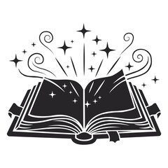 A mystical book unleashing stars and magical swirls symbolizing knowledge and dreams with a stark black and white vector