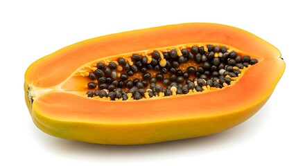 Fresh Ripe Papaya Half with Seeds Isolated on White.