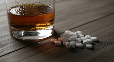 Glass of alcohol and pills symbolize substance addiction and its dangers.