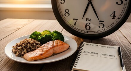Plate with salmon, broccoli, grains, clock, and notepad symbolizes fasting eating window.