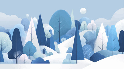 An abstract winter forest with geometric trees and snowy hills, part of a seasonal landscape series for posters and packaging collections