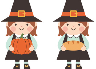 Vector flat design of two cheerful characters in harvest hats, one holding a pumpkin and the other fresh bread, celebrating the autumn season and seasonal bounty