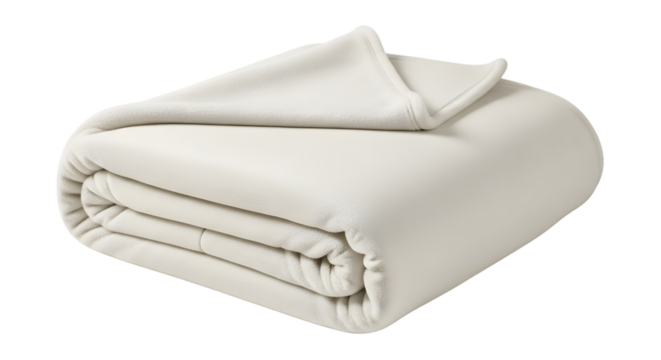 Folded soft plush fleece blanket in a neutral off-white color isolated on a transparent background image