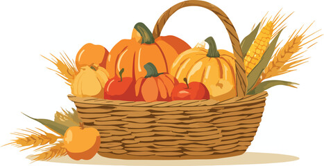 Rustic autumn harvest basket filled with colorful pumpkins, fresh apples, golden corn, and decorative wheat stalks, celebrating seasonal abundance and fall festivities