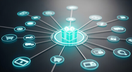 Digital glowing gift box icon at center, connected to online retail services, commerce and delivery icons on a dark surface, illustrating connection