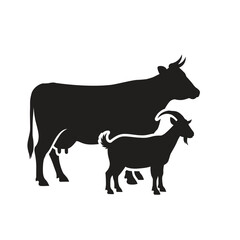 A proud cow watches over a curious goat symbolizing farm life and interspecies friendship using a minimalist black and