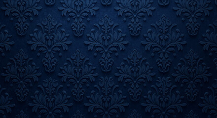 Luxurious Vintage Damask Pattern with deep midnight blue Textured Background, Damask Floral Background Texture Design.