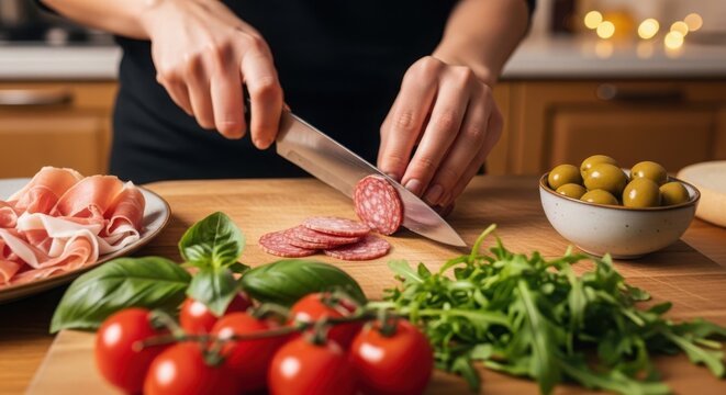 Preparing italian appetizer: hands slicing salami for a meal
