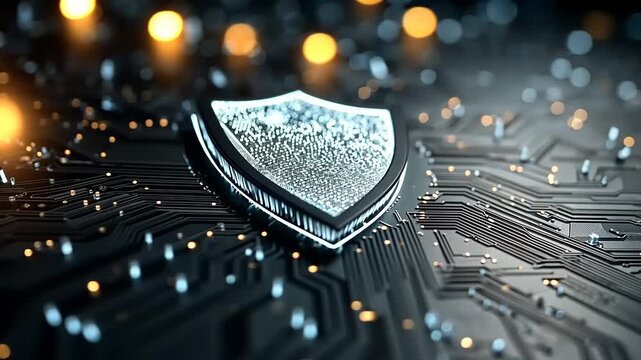 Digital shield icon on a circuit board background with glowing lights and abstract technology theme