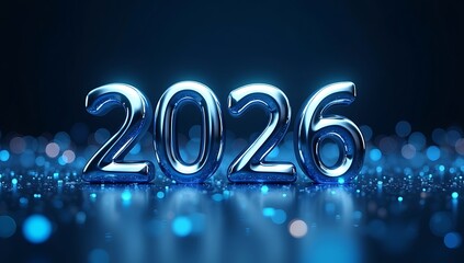 Happy New Year 2026 shiny chrome 3D text with futuristic city lights and sparkling particles