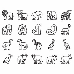 Fototapeta premium Collection of wild and domestic animals represented with line art icons