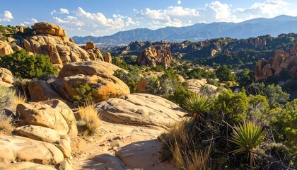 Sunny desert landscape featuring layered rock formations, sparse vegetation, and mountains in the distance under a blue sky
