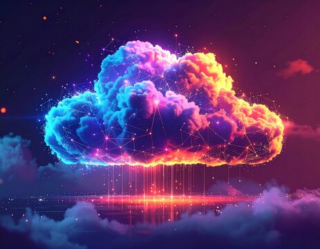 A vibrant cloud, illuminated by neon hues, floats above a reflective surface and starry expanse. Connected by digital threads, light radiates