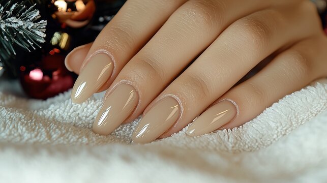 Fall-Winter 2025 Nude Brown Glossy Oval Medium-Long Nail Christmas Manicure | Nail Salon Promo/Social Content Material | Minimalist Luxury Festive-Everyday Nail Trend