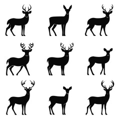 Fototapeta premium Collection of various deer silhouettes with antlers on a white backdrop
