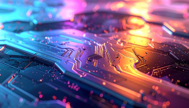 Macro close-up of a circuit board with neon colors, highlighting data pathways and nodes