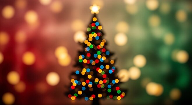 Christmas tree silhouette with vibrant bokeh lights and glowing star on top. Festive Holiday season background for greeting card. Warm winter celebration.