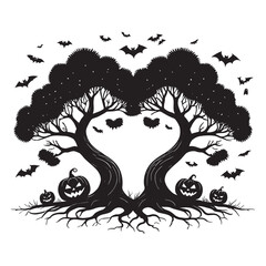 Halloween Illustration with Spooky Trees Bats and Jack o Lanterns