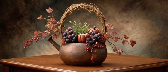 Seasonal decoration features a watering can filled with flowers and leaves, surrounded by small pumpkins and colorful foliage