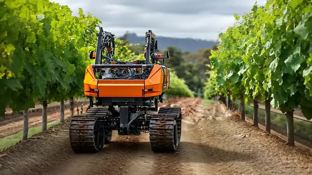 Robotic tractor navigating through vineyard rows under cloudy skies, enhancing agricultural efficiency