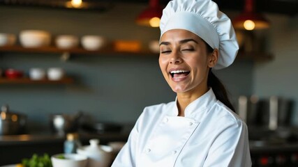 confident hispanic female chef in white uniform smiling in professional kitchen. culinary arts and restaurant business. banner, website header, copyspace.