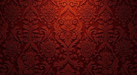 Luxurious Vintage Damask Pattern on Deep Maroon Textured Background, Damask Floral Background Texture Design.