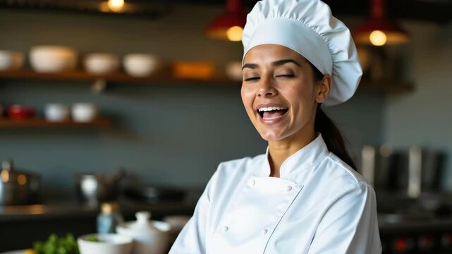 confident hispanic female chef in white uniform smiling in professional kitchen. culinary arts and restaurant business. banner, website header, copyspace.
