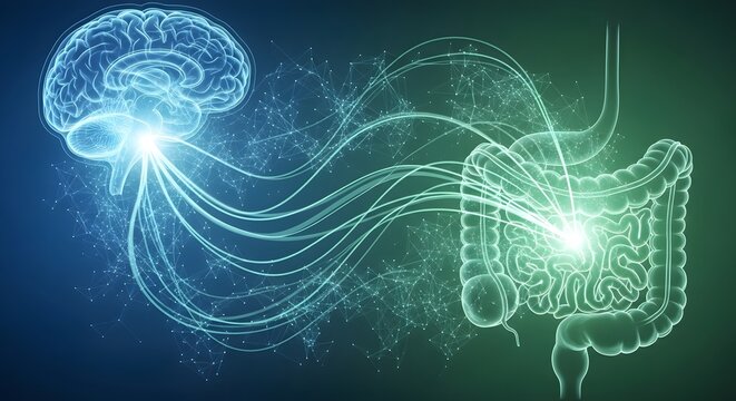 Illustration of gut-brain axis showing neural connections between brain and intestines.