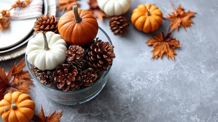 A beautiful arrangement with pumpkins, candles, apples, and pinecones creates a warm atmosphere for a fall celebration outdoors