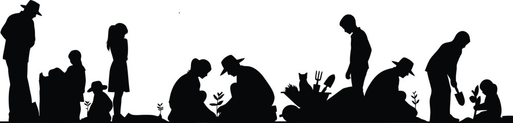 Silhouettes of people engaged in gardening activities, illustrating community and nature connection