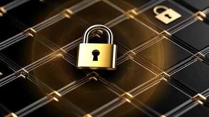 Golden padlock symbolizing security amidst a grid of digital locks, representing cybersecurity themes - Powered by Adobe