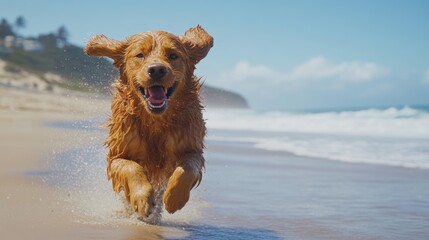 Happy golden retriever running on the beach near the ocean on a sunny day